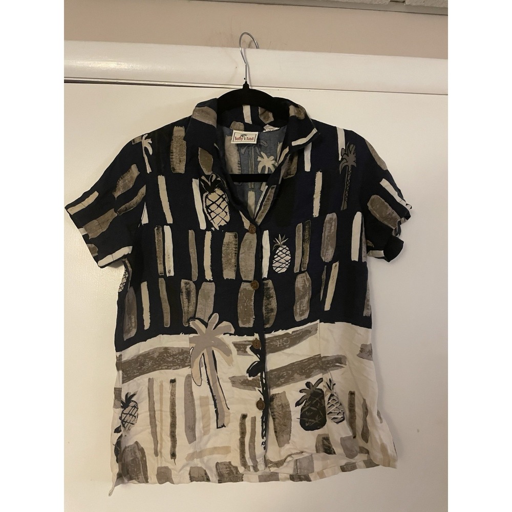 Vtg 90s Holly Lane Rayon Shirt Abstract Pineapple Palm Tree hawaiian shirt small